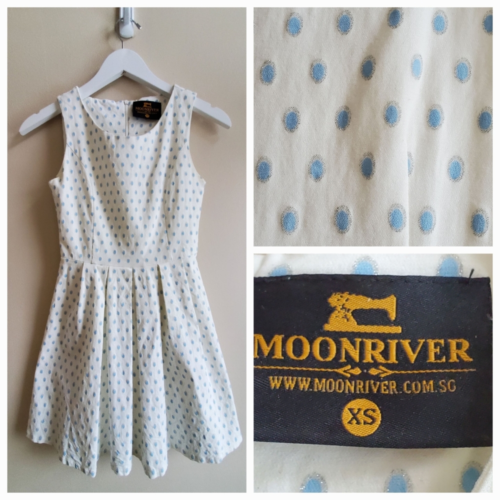 Moon River white dress with tiffany blue polka dots XS